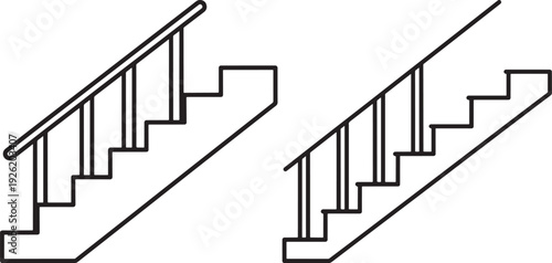 Staircase vector illustration, interior stairs with railing, black and white outline, architectural design element for home and building
