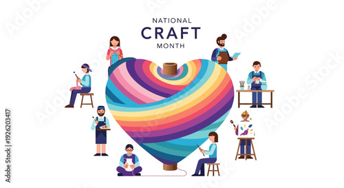 Illustration of people engaging in various crafting activities around a large colorful yarn ball, celebrating National Craft Month with a creative and handmade theme.