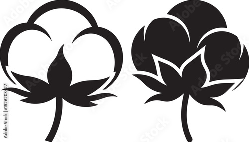 Cotton bolls, natural fiber, textile industry, black silhouette illustration, organic material for fabric production
