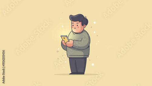 Chubby man in a sweater using a smartphone with a neutral background and glowing accents