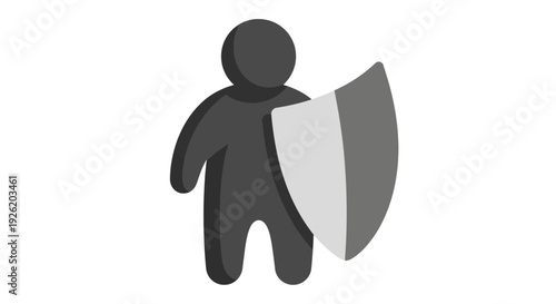 Minimalist vector illustration of a human figure holding a protective shield, symbolizing digital security, data privacy, and robust safeguarding measures across various modern applications