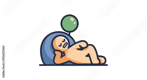 Charming cartoon character icon enjoying peaceful relaxation, comfortably napping in a cozy bean bag chair with a green balloon, embodying calm leisure and ultimate comfort