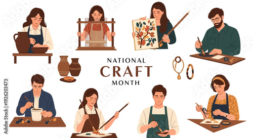 Illustration of people engaging in various craft activities for National Craft Month with a creative and handmade theme.