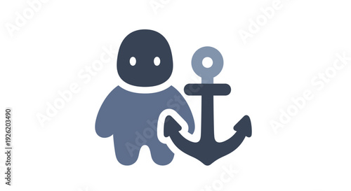 Stylized graphic icon of an abstract person standing firmly with a nautical anchor, representing concepts of personal security, steadfast stability, and a reliable journey