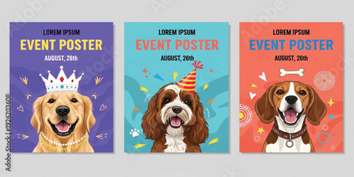 Colorful Dog Event Poster Collection with Cute Golden Retriever, Cocker Spaniel, and Beagle Illustrations for Birthday Parties, Pet Shows, and Veterinary Promotional Materials BackgroundBackground