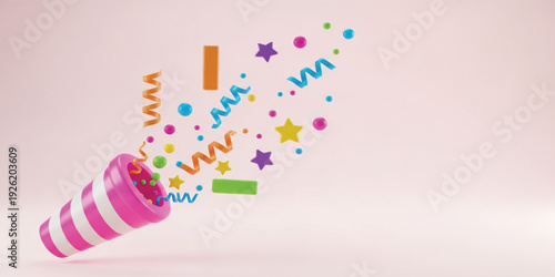 Colorful Party Popper Explosion with Confetti Stars and Streamers 3D Illustration for Celebration Birthday Event Festival and Festive Design