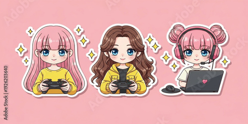 Cute Anime Gamer Girls Set – Chibi Gaming Characters with Controller and Laptop, Kawaii Esports and Streaming Sticker Collection