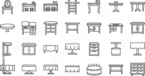 Table Furniture Icon Set with Dining Table, Office Desk, Coffee Table, Cabinet and Classic Wooden Interior Outline Vector Collection