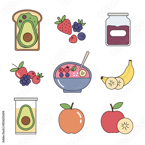 Assorted breakfast items including fruits, toast, and juice are displayed in a flat lay arrangement