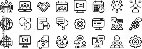 Business communication icons set, teamwork collaboration, virtual meeting, global connection, organizational process, modern workplace, digital interaction illustration