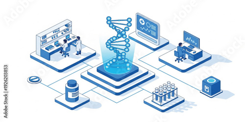 Genetic Research and Biotechnology Concept with DNA Helix Laboratory Scientists and Medical Data Analysis, Isometric Healthcare Innovation and Pharmaceutical Development Illustration