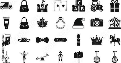 Mixed Holiday and Lifestyle Icon Set with Castle, Tractor, Gift Box, Camera, Crown, Carousel and Various Silhouette Symbols