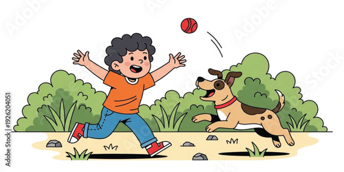 Happy Child Playing with Dog in Park Cartoon Illustration, Cute Kid Throwing Ball to Pet Puppy Outdoor Fun, Friendship and Family Lifestyle Vector Design