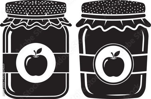 Two jars of apple jam with dotted lids and illustrated labels, ideal for food branding and culinary themes.