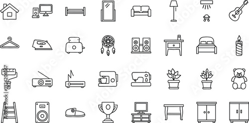 Home Furniture and Household Appliances Icon Set with Bed, Sofa, Table, Washing Machine, Computer and Kitchen Equipment Vector Collection