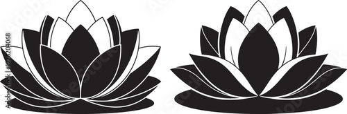 Two stylized lotus flowers in black and white, vector illustration, representing purity, spirituality, and Eastern culture on white background.