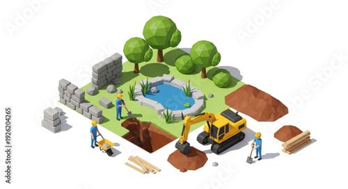 Construction Site with Pond and Trees.