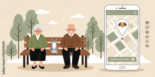 Lost Pet Tracking Mobile App Concept with Elderly Couple and Cat in Park, GPS Location Finder for Animals, Smart Technology and Pet Care Illustration