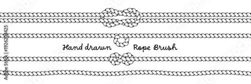 Hand drawn rope brush dividers. Braided cord horizontal borders with decorative knots and loops. Vector nautical line elements.