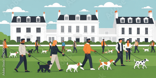People Walking Dogs in City Park with Residential Houses Background, Urban Pet Lifestyle and Community Outdoor Activity Illustration