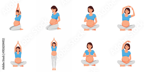 Pregnant woman practicing yoga poses collection