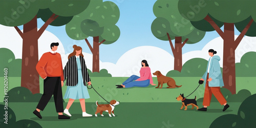 People Walking Dogs in Park Illustration with Pet Owners Outdoor Leisure Activities and Nature Lifestyle Scene for Community and Animal Care Design