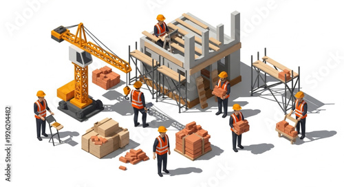 Construction Site with Workers and Crane.