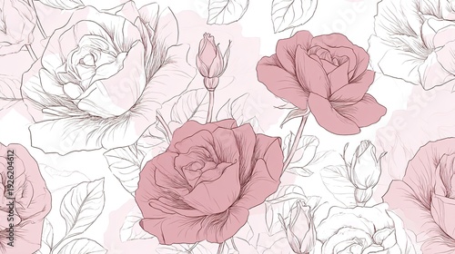 A beautiful floral pattern featuring pink roses and leaves on a white background