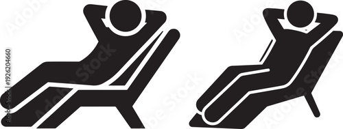 Two figures relaxing on lounge chairs, black silhouette illustration, symbolizing vacation, leisure, and relaxation on white background.