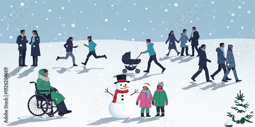 Winter Outdoor Activities and Family Life Scene with People Walking, Running, Snowman, Wheelchair User, and Children Playing in Snowy Park Illustration