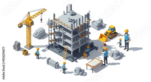 Construction Site with Workers and Crane.