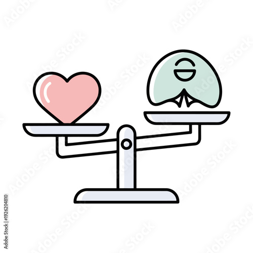 A heart and brain on opposite sides of a scale, symbolizing balance between emotions and thought, in a simple illustration style.