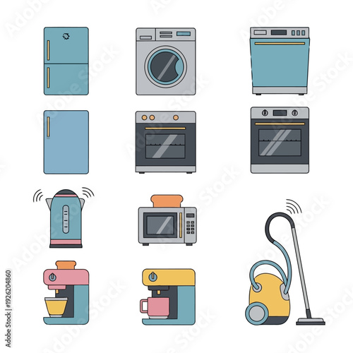 Collection of household appliances including fridge, washer, oven, microwave, blender, and vacuum cleaner icons in a grid layout