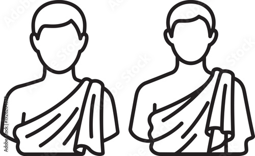 Two figures in simple outline wearing draped robes, black and white vector illustration, representing monks, ancient figures, or spirituality.