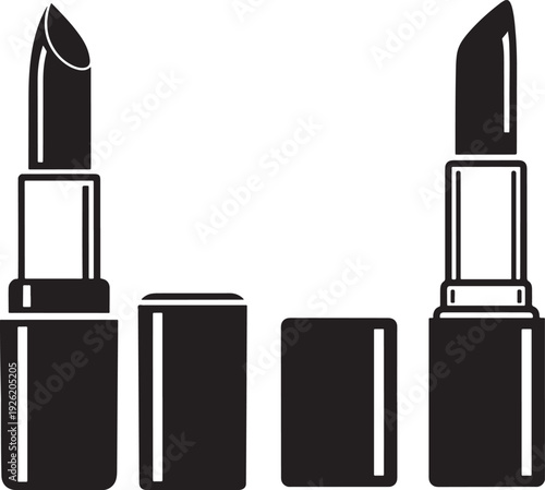 Two black lipstick tubes with open caps, vector illustration, simple graphic style, isolated on white background, representing beauty and makeup.