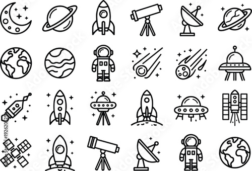 space, astronomy, rocket, moon, stars, planet, telescope, satellite, astronaut, UFO, comet, meteor, probe, science, galaxy, space icons, astronomy symbols, rocket launch, moon stars, 