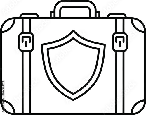 Line art icon representing a secure business briefcase or travel luggage with a prominent shield symbol emphasizing protection and safety for important documents and valuable items.