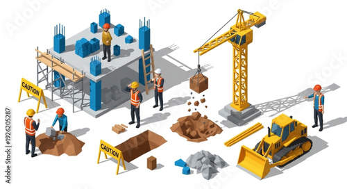 Construction Site with Workers and Machinery.