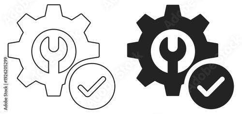 Service Configuration and Maintenance Gear Icon with Wrench and Checkmark Outline Vector
