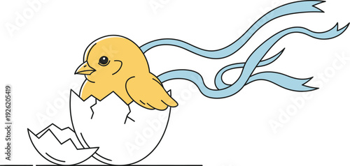 Adorable yellow cartoon chick hatching from a cracked eggshell with vibrant blue ribbons fluttering playfully behind it, representing new life, spring, easter, and the joyful start of something fresh.