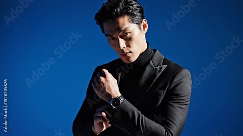 A man in a tailored black suit poses thoughtfully against a vibrant blue backdrop