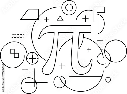 Abstract minimalist black and white design prominently featuring the mathematical constant pi symbol surrounded by geometric shapes and abstract elements