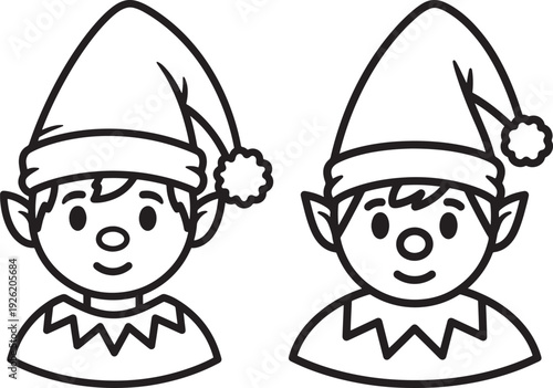 Two charming cartoon elves with pointy hats, perfect for Christmas illustrations, holiday designs, and festive greetings in a simple line drawing.
