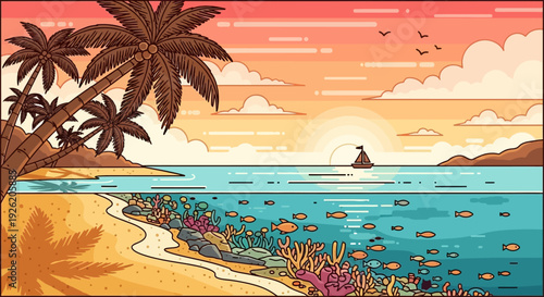 Tropical Beach Sunset: Palm Trees, Ocean, Coral Reef, Sailboat, Pixel Art Style