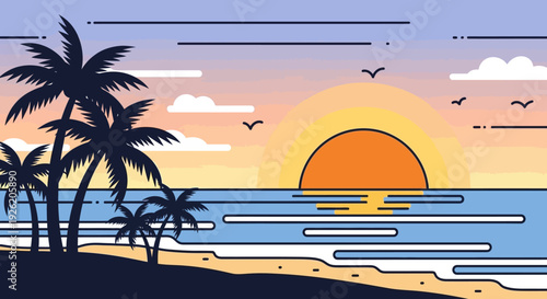 Tropical Beach Sunset with Palm Trees and Ocean Waves - Flat Design