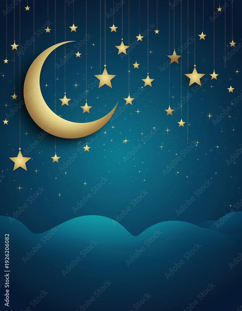 Naklejka premium Golden crescent moon and stars adorn a dreamy night sky.