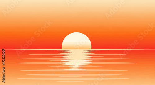 Vibrant Sunset Over Calm Ocean Waves, Warm Orange Sky Reflection