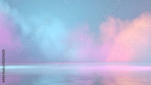 Empty studio background with reflective floor and pastel gradient blue, pink, and purple fog.