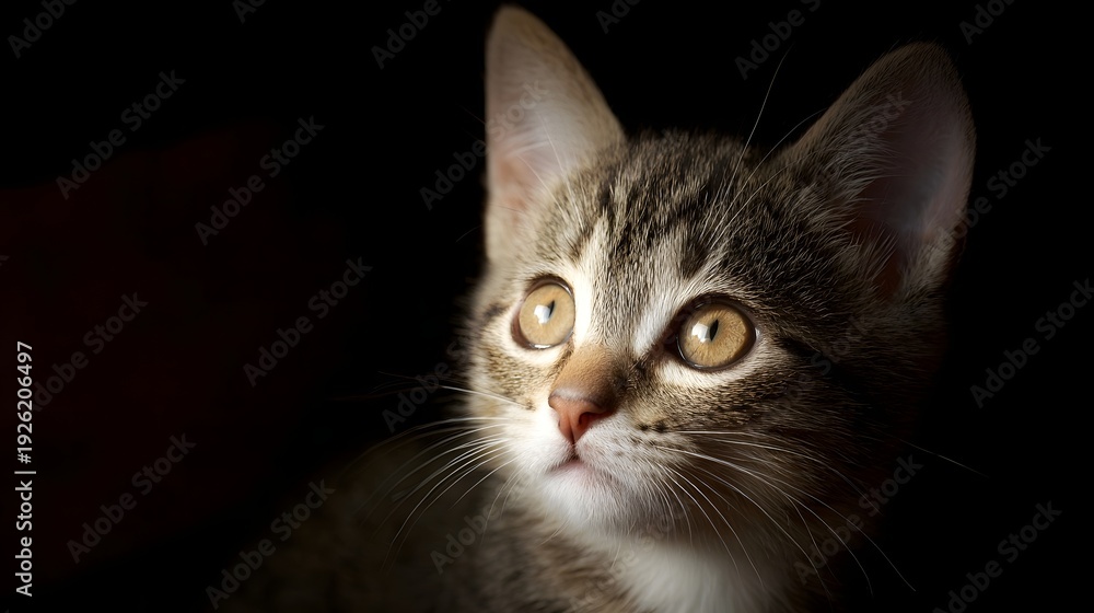 Fototapeta premium Close up portrait of a curious tabby kitten with captivating golden eyes softly illuminated against a dark background