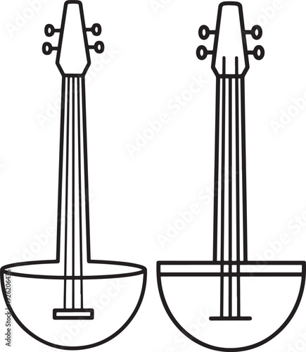 Two outline illustrations of a simple stringed instrument, possibly a lute or oud, with tuning pegs and a bowl-shaped body. Folk music or ancient instrument concept.